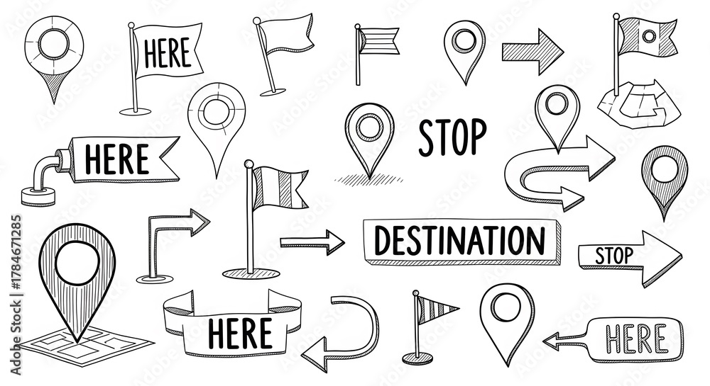 Naklejka premium Hand-drawn map location icons vector navigation elements for travel and destination concepts isolate