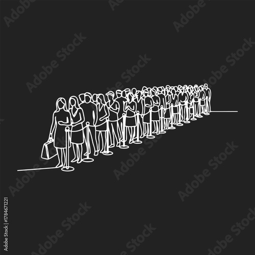Simple White Line Art Illustration of a Very Long Queue or Crowd of People Waiting in Line on a Dark Black Background