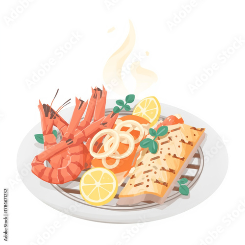Grilled Shrimp and Fish Fillet Platter with Onion Rings and Lemon Illustration