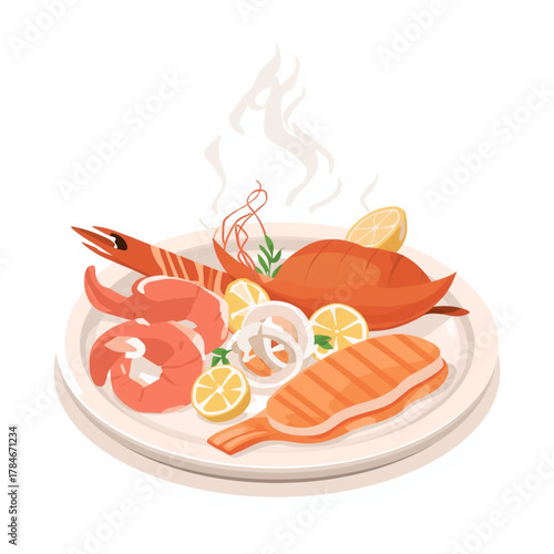 Steaming Seafood Platter with Grilled Salmon, Shrimp, and Lemon Garnish Illustration