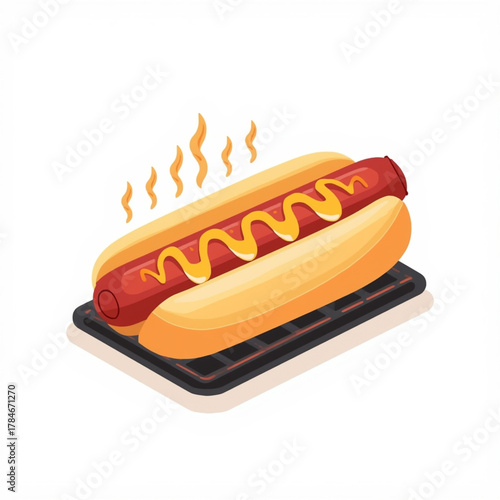 Grilled Hot Dog with Mustard on Bun Over BBQ Rack Illustration