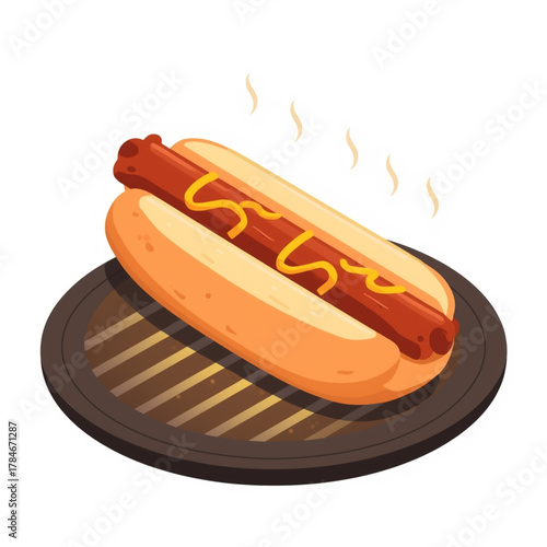 Warm Grilled Hot Dog with Mustard Drizzle on Circular BBQ Plate Illustration