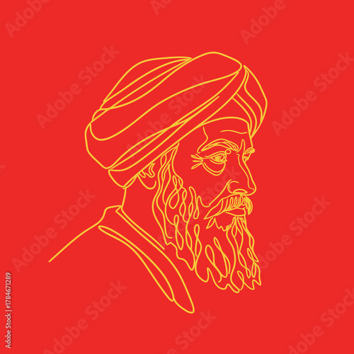 Continuous Line Art Portrait of a Traditional Indian or Middle Eastern Man with Turban and Beard on a Vibrant Red Background