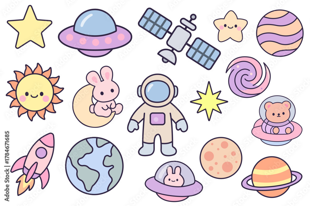 Naklejka premium Cute Kawaii Space Clipart – Astronaut, Planets, UFO & Stars