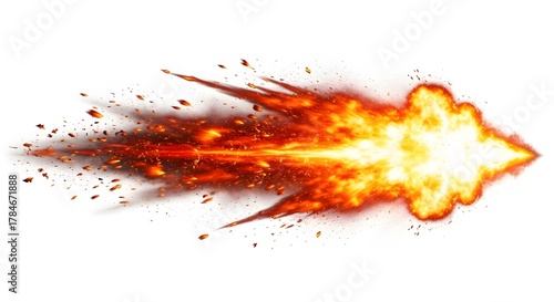 Fiery muzzle flash effect bright explosion with sparks and smoke isolated on white background