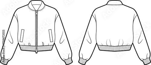 Classic bomber jacket flat sketch, front and back view, zipper closure, ribbed collar cuffs waistband, welt pockets, technical garment illustration design