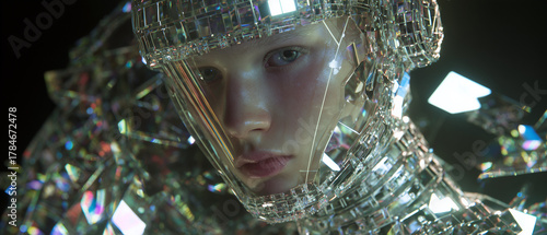 Close-up Portrait of a Woman in Crystalline Mirrored Sci-Fi Armor