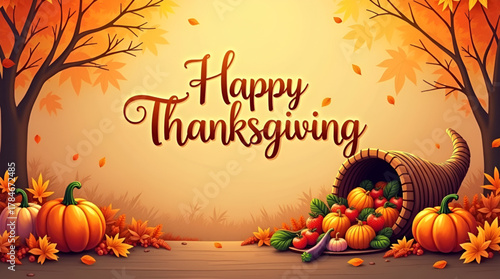 Festive Happy Thanksgiving Day background, featuring hand-lettered calligraphy text surrounded by autumn-themed illustrations — pumpkins, fall leaves, acorns, and berries — in warm orange, red