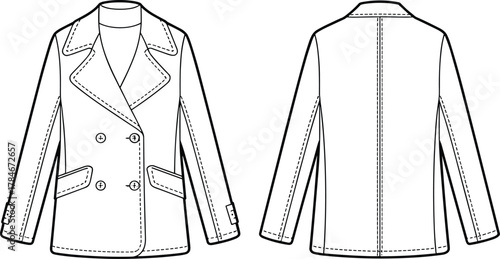 Double breasted coat illustration, notched lapel collar, buttoned tabs, welt pockets, fashion flat sketch, sewing pattern, garment design, outerwear artwork