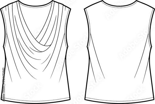 Draped neckline top fashion flat sketch, sleeveless blouse design, vector template, women apparel illustration, clothing outline, stylish top pattern, ashion vector art