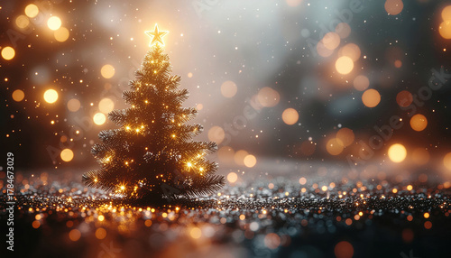 Sparkling Christmas tree with glowing lights and falling snow creating warm festive atmosphere