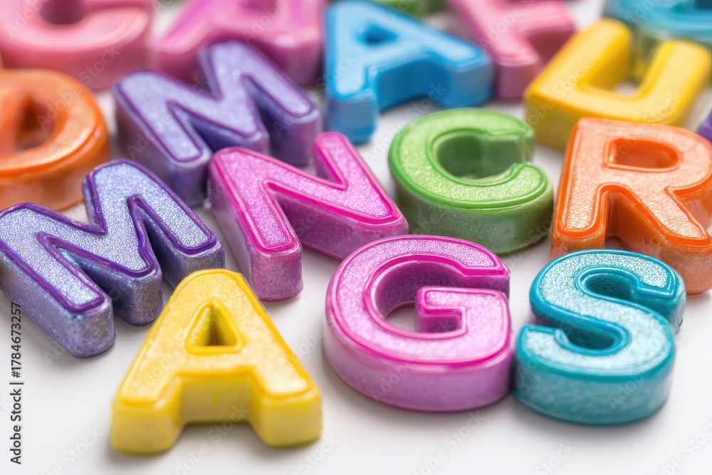 Naklejka premium Colorful childrens magnetic letters scattered on a surface inviting kids to learn and play creatively with letters and words in a fun educational setting