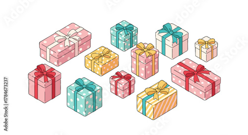 Collection of isometric gift boxes with bows and ribbons, perfect for celebrations and holidays