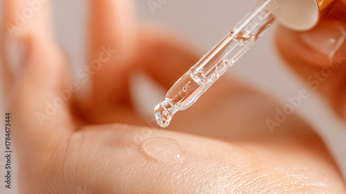 Close-up macro of transparent skincare serum dropper applying drops on smooth skin, natural glow, minimal background, clean beauty product advertising style.