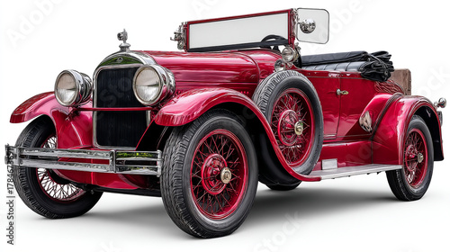 A shiny red vintage car with chrome accents and spoked wheels on a white background is displayed