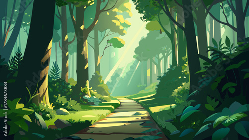 Very beautiful sun-dappled forest path winding through ancient green woods, with soft sunlight filtering through dense leaves, casting gentle highlights and shadows, and creating a realistic magical, 