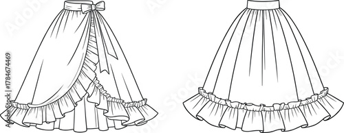 Layered ruffle skirt illustration, asymmetrical bow waistband design, pleated full skirt drawing, fashion flat sketch, technical garment artwork, apparel construction professional