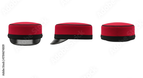 Red and black French military kepi hat in three views for historical army uniform costume