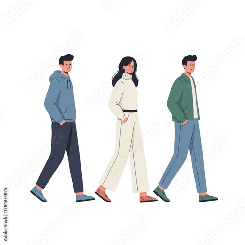 Three People Walking Together Side By Side In A Row Creating A Sense Of Unity And Movement In Their Casual Outfits With One Person In A Blue Hoodie Another In A White Jumpsuit And The Third In A