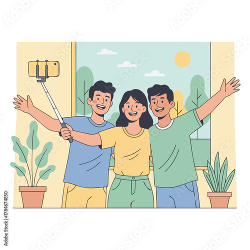 Three Smiling Friends Taking a Selfie with a Smartphone on a Stick Outdoors With Plants and Sunlight
