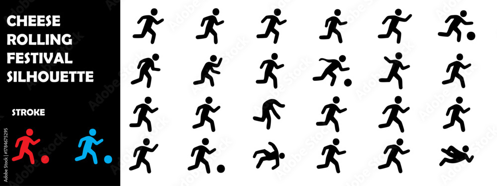 Naklejka premium Cheese Rolling Festival Silhouette Vector Set – Funny Race, Gloucester Tradition, and Sport Celebration Icons