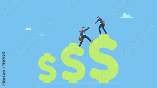 Businessman help climb up dollar sign. Increase profit, financial advisor help increase earning, income or revenue, growing wealth, profit growth or funding support, improvement or challenge.