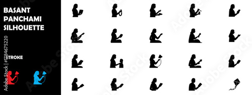 Basant Panchami Silhouette Vector Set – Goddess Saraswati, Kite Flying, and Spring Festival Icons