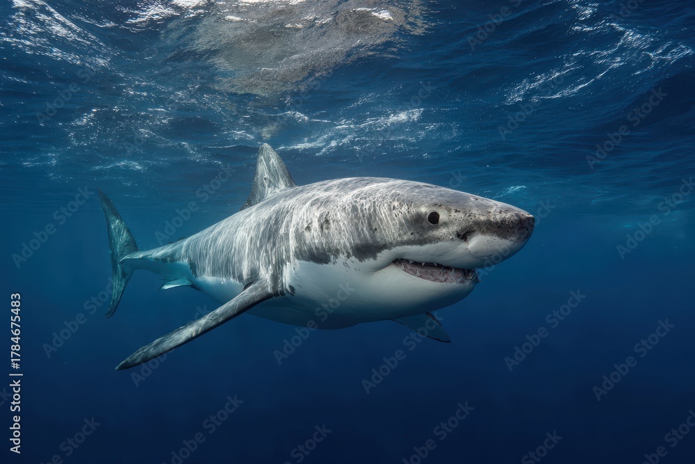 Naklejka premium Great White Shark swims gracefully in deep blue waters near an underwater reef during a clear sunny day
