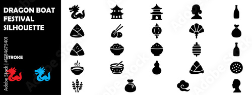 Dragon Boat Festival Silhouette Vector Set – Boats, Rowers, and Chinese Cultural Celebration