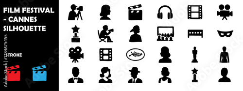 Film Festival Cannes Silhouette Vector Set – Red Carpet, Movie Stars, Cameras, and Award Celebration Icons