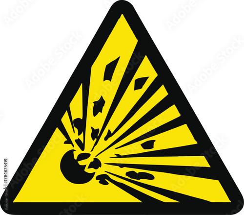 Explosive Hazard Sign: A striking yellow triangle warning symbol against a black border.