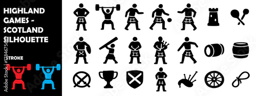 Highland Games Scotland Silhouette Vector Set – Traditional Sports, Bagpipes, and Scottish Cultural Festival
