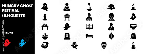 Hungry Ghost Festival Silhouette Vector Set – Asian Spiritual Ritual, Lanterns, and Ancestor Worship Icons