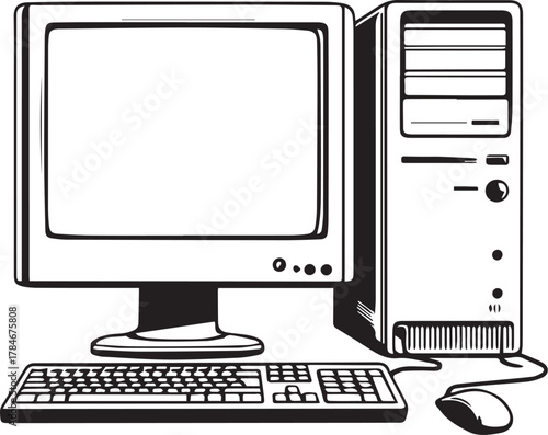 Technological Precision: A detailed illustration of a computer setup, portraying a monitor, keyboard, mouse, and central processing unit, symbolizing modern computing.