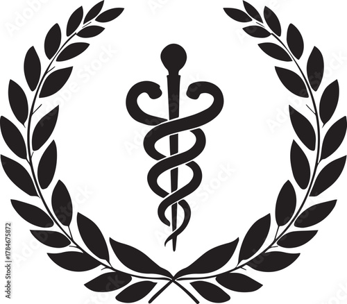 Medical Emblem of Health and Well-being: A stylized caduceus, symbol of medicine, is elegantly embraced by a wreath of laurel leaves, evoking a sense of care and professional.