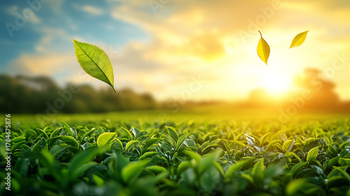 Lush green tea plantation landscape with fresh tea leaves floating in the air, morning sunlight, freshness of nature and peaceful atmosphere, ideal for wellness, organic product and natural lifestyle 