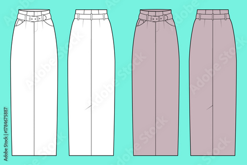 Women's High-Waisted Maxi Skirt Colorway Set Technical Flat Sketch with Belted Waist, Front Pockets, and Seam Detail Variation