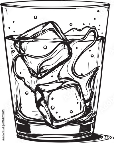 Cool Refreshment: A close-up monochrome depiction of ice cubes chilling in a glass of water, showcasing the refreshing purity of cold beverage.