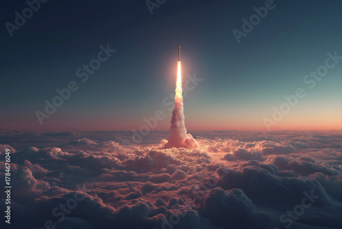 Beautiful Vertical Shot of a Rocket Blasting Off Into the Sky From Above a Vast Sea of Soft, Glowing Clouds