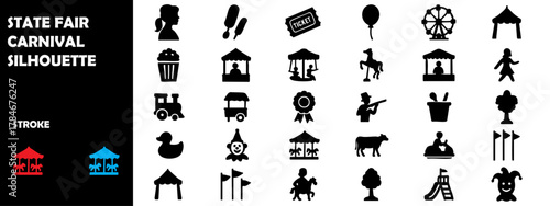 State Fair Carnival Silhouette Vector Set – Ferris Wheel, Rides, Food Stalls, and Festival Icons