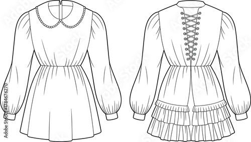 Peter Pan collar dress illustration, fashion flat sketch, technical garment drawing, puff sleeve design, lace up back detail, layered ruffle skirt
