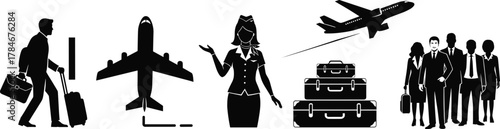 Air travel and business trip vector illustration with airplane, flight attendant, luggage, and corporate passengers concept for tourism and aviation design