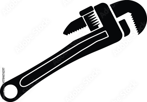 Adjustable pipe wrench vector illustration symbolizing plumbing repair, industrial maintenance, mechanic equipment, metal tool design, and handyman construction concept