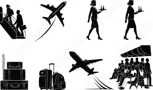 Air travel vector illustration showing airplane flight, passengers boarding, flight attendants serving, luggage icons, and in-flight service concept for aviation and tourism design