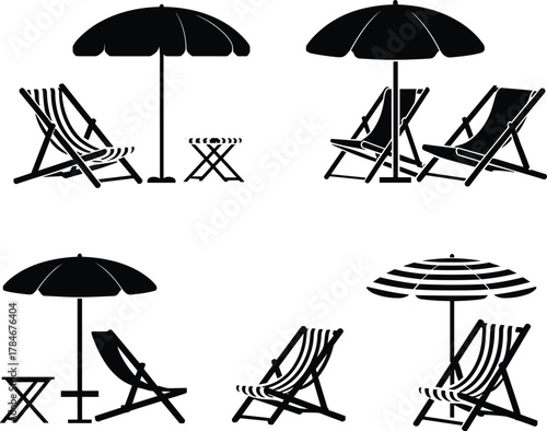 Beach chairs and umbrellas vector illustration showing summer relaxation, vacation atmosphere, seaside comfort, outdoor leisure, holiday rest, and tropical resort designBeach chairs and umbrellas 