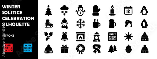 Winter Solstice Celebration Silhouette Vector Set – Seasonal Festival, Snow, Fire Ritual, and Nature Symbols