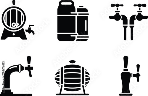 Beer tap and barrel icon set vector illustration, brewery equipment silhouette design, beverage dispenser and keg collection for pub, bar, and drink industry