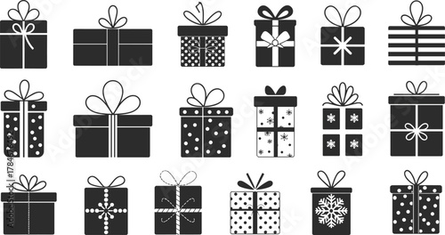 Black and white gift box vector set with ribbons, bows, and decorative wrapping patterns, perfect for holiday, celebration, and festive design illustrations