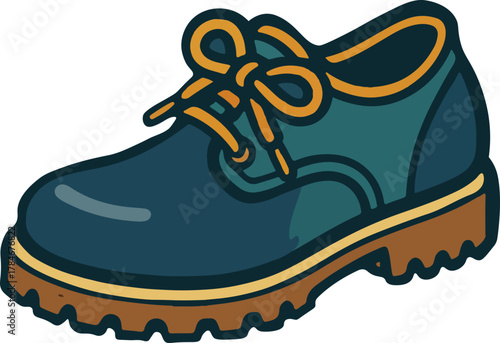 A detailed illustration of a stylish blue and orange laced walking shoe on a white background