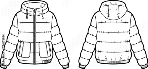 Puffer jacket fashion illustration, technical garment flat, hooded outerwear design, quilted sections, front zipper closure, patch pockets, ribbed cuffs, 